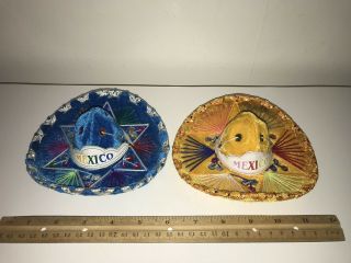 Two Souvenir Mini Sombreros From Mexico 6 Inch Yellow And Blue 2