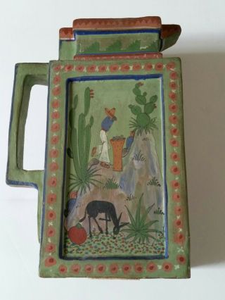 Mexican Tlaquepaque Pottery Pitcher.  Hand Made & Painted Folk Art Desert Scene