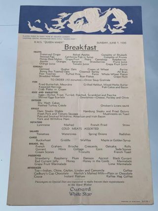 Cunard White Star Line Rms Queen Mary East Bound Maiden Voyage Menu June 7th 