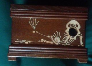 Vtg Skeleton Cigarette Dispenser Box Music Wood Painted Wind - Up
