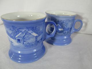 Currier & Ives Set 2 Shave Mugs Coffee Blue Japan Vintage Homestead Wilderness