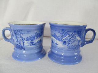 Currier & Ives Set 2 Shave Mugs Coffee Blue Japan Vintage Homestead Wilderness 2