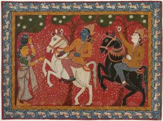 Old Orissa Pattachitra Folk Art Painting On Canvas,  Krishna,  India