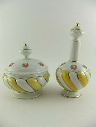 Vintage German Porcelain Vanity Set: Powder Box & Perfume Bottle - Yellow