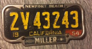 1951 California Licence Plate W/ 1954 Tab/tag Newport Beach Miller Chevrolet