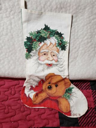 Handmade Cross Stitch Christmas Stocking Santa