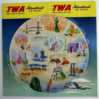 Vintage Twa Airlines International Air Route Map 1954 Africa Asia Usa Europe