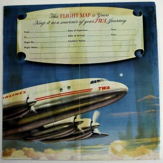 Vintage TWA Airlines International Air Route Map 1954 Africa Asia USA Europe 2