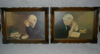 2 Vintage Framed Grace And Gratitude Old Man & Woman Praying Pictures