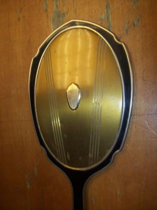 Vintage Art Deco Beveled Edge Gold Black Silver Metal Hand Mirror