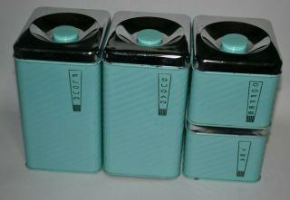 Vintage Mid Century Lincoln Beautyware 4 Canister Set Turquoise Aqua Teal Stripe