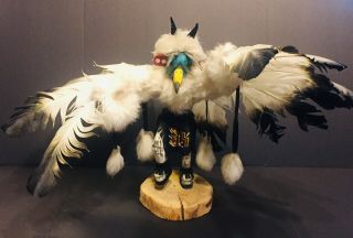 Lg Navajo Eagle Kachina Doll - Real Fur & Feathers Signed 11” Tall X 18” Wide