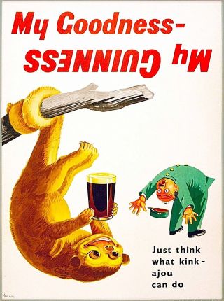 Guinness Beer Kinkajou Monkey Ireland Great Britain Vintage Travel Art Poster