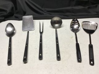 6 Pc Vintage Ecko Black Handle Kitchen Utensils Spoons Fork Ladle Spatula