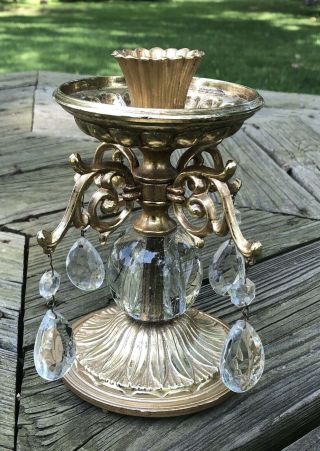 Vintage Brass Candle Holder W Prisms Crystal Glass Stem Made In Usa Marked