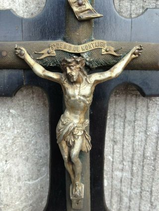 Antique Wood Cross Crucifix De Montaigu Metal Jesus Christ Corpus Wall Hanging