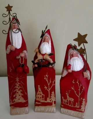 Set Of 3 Red Christmas Santa Claus 6 " 7 " 9 " Has The Look Of Hand Carved Wood