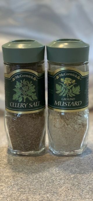Mccormick Celery Salt Ground Mustard Vtg.  Spice Canister Green Glass Bottle Jar