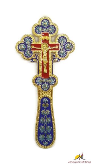 Orthodox Gold Plated Blessing Cross 2 Sides Red & Blue Enamel From Jerusalem