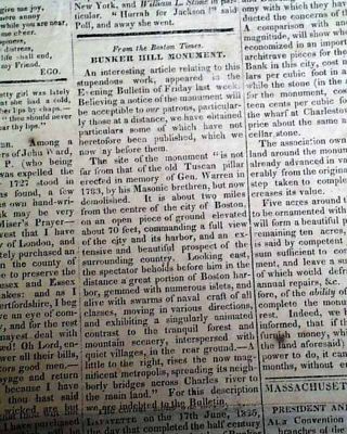 Battle Of Bunker Hill Monument Charlestown Ma Obelisk W/ Prints 1828 Newspaper