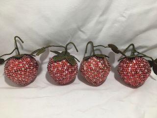 4 Christmas Beaded Sequin Jeweled Pinned Handmade Ornaments Red Strawberries