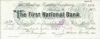 1902 Reading Pa Reading Brewery Co First National Bank Check