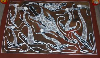 Aboriginal Art Painting By David Moolooloo Goanna Hunting & Dancing Roper River