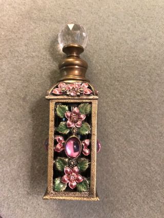 Pink & Green Perfume Crystal Glass Brass Rhinestone & Enamel Scent Bottle