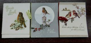 3 X Artist Vintage & Victorian Christmas Cards Birds Robins 1 X Embossed