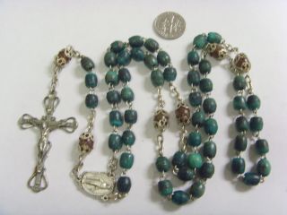 Antique Catholic Faith Religious Turquoise Glass Beads Rosary Crucifix 50567