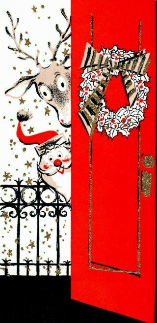 Mcm Santa Claus Reindeer Deer Glitter Peek - A - Boo Vtg Christmas Greeting Card