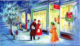Evening City Shoppers Shops Lady Girl Man Vtg Christmas Greeting Card