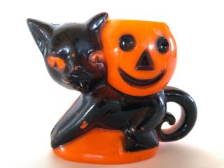 Vintage Rosbro Plastic Halloween Candy Container Black Cat Jack O Lantern Orange