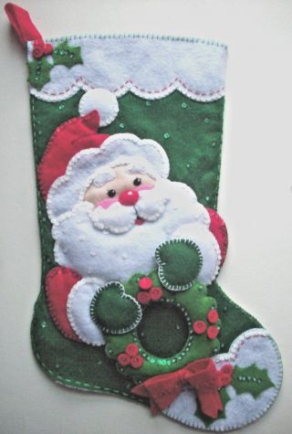 Santa & Wreath Felt Bead Sequin Christmas Stockings Made From Bucilla Kit