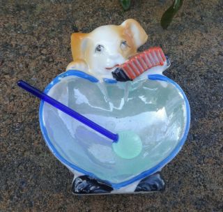 Japanese Porcelain Puppy Dog W/accordion Open Salt Dip,  Cellar,  Dish & Spoon