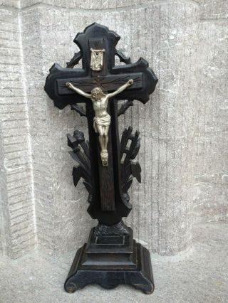 ANTIQUE ALTAR STANDING CARVED WOOD CROSS CRUCIFIX TOOLS OF PASSION JESUS 2