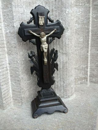 ANTIQUE ALTAR STANDING CARVED WOOD CROSS CRUCIFIX TOOLS OF PASSION JESUS 3