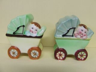 Vintage Baby Boy & Girl In Pram/stroller/buggy Salt & Pepper Shakers (japan)