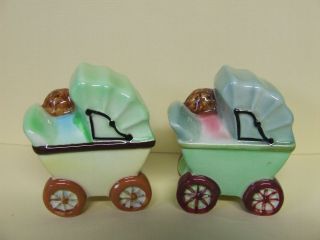 Vintage Baby Boy & Girl in Pram/Stroller/Buggy Salt & Pepper Shakers (Japan) 2