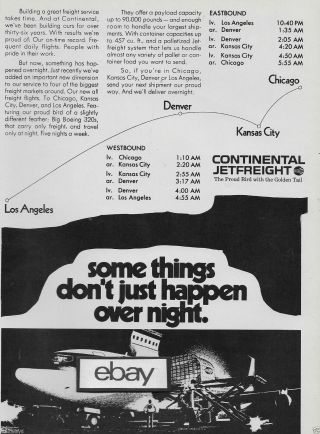 Continental Airlines Boeing 320c Freighter Over Night Lax/den/mci/ord 1969 Ad
