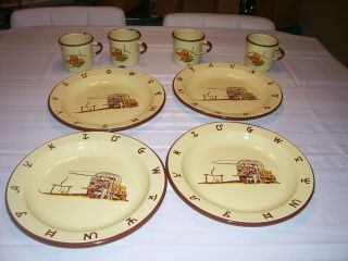 4 Vintage Monterrey Western Ware Enamel 10 " Plates Plus 4 Cups/mugs