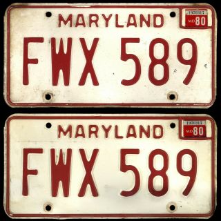 Maryland 1980 License Plates Fwx 589 - Red On White