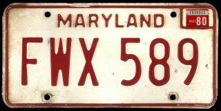 MARYLAND 1980 License Plates FWX 589 - Red on White 2