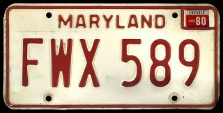 MARYLAND 1980 License Plates FWX 589 - Red on White 3