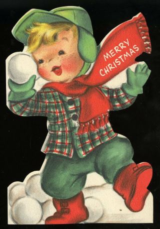 Vtg Christmas Card Die - Cut Little Boy W/ Mush Cap Throwing Snowballs Front Only