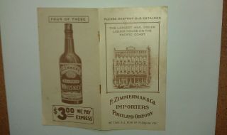 1910s Zimmerman Portland Oregon Liquor Price List Paper Label Whiskey Bottles Ad