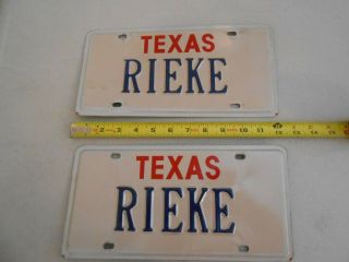 Set Two Texas Vanity License Plates Personal Rare " Rienke " 1990 