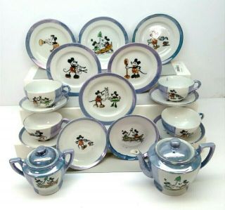 Rare 1930s Disney Mickey & Minnie 20 Piece Blue Lusterware China Tea Play Set