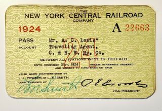 1924 The York Central Railroad Company Annual Pass A C Lewis L N Smith