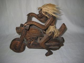 Rare Hand Carved Wood Figurine Statue Motorcycle Biker Aborigine Tiki 10 " X8.  5 "